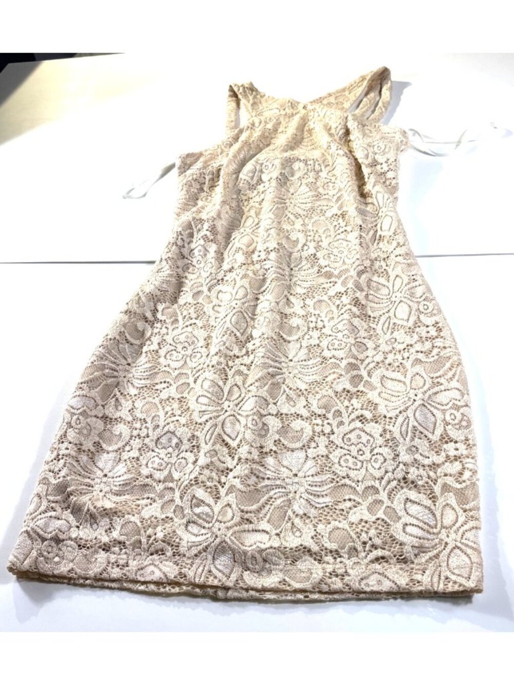 BCX Medium Gold Lace Sleeveless Floral Dress With Lining